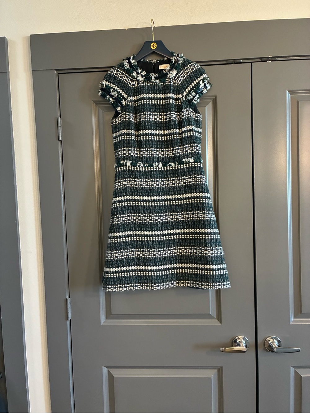 Tory Burch Green and White Tweed Fringe Dress With Sequins at Neck and Arms